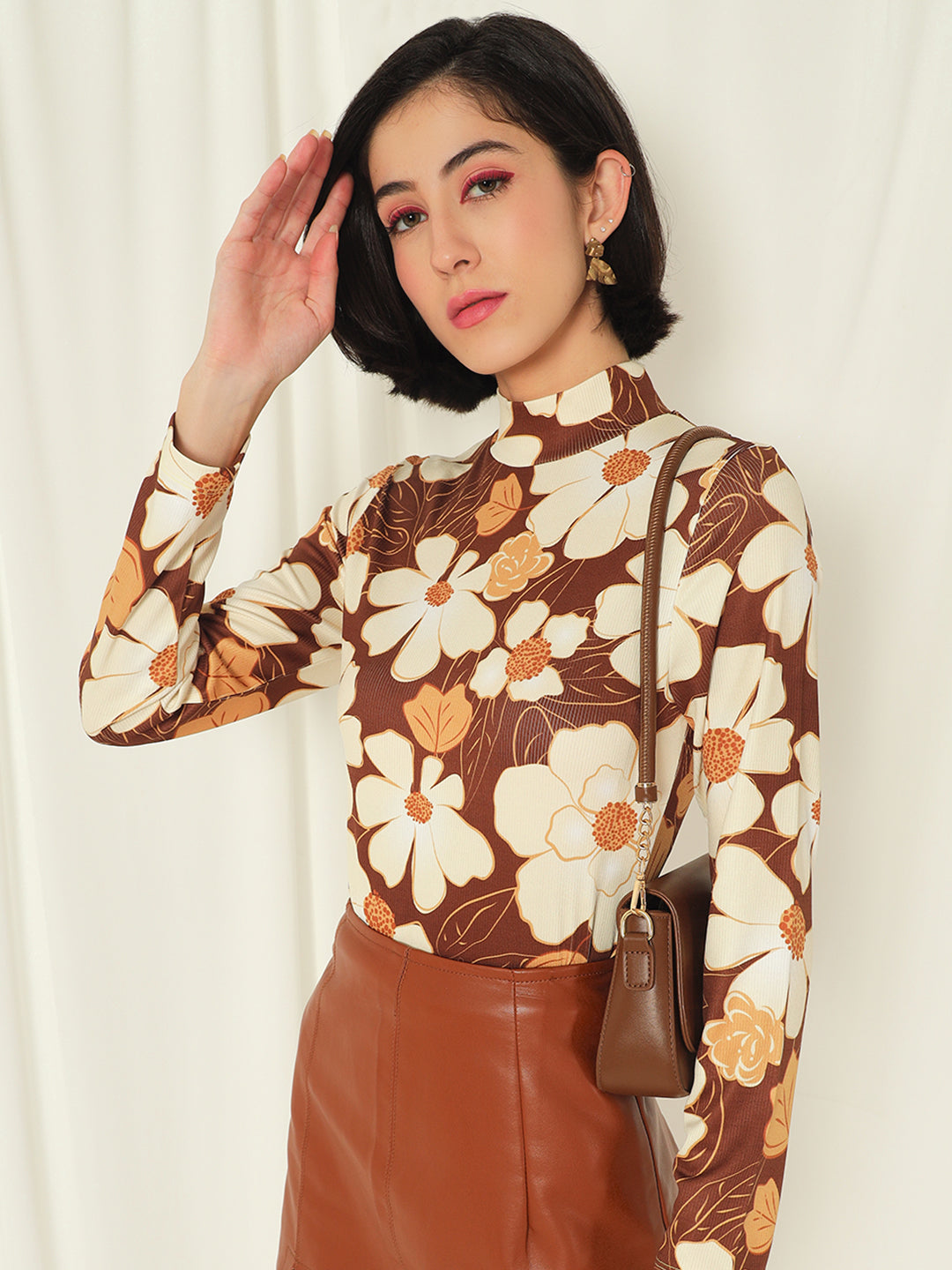 TANDUL  Women Floral Print High Neck Brown Sweater