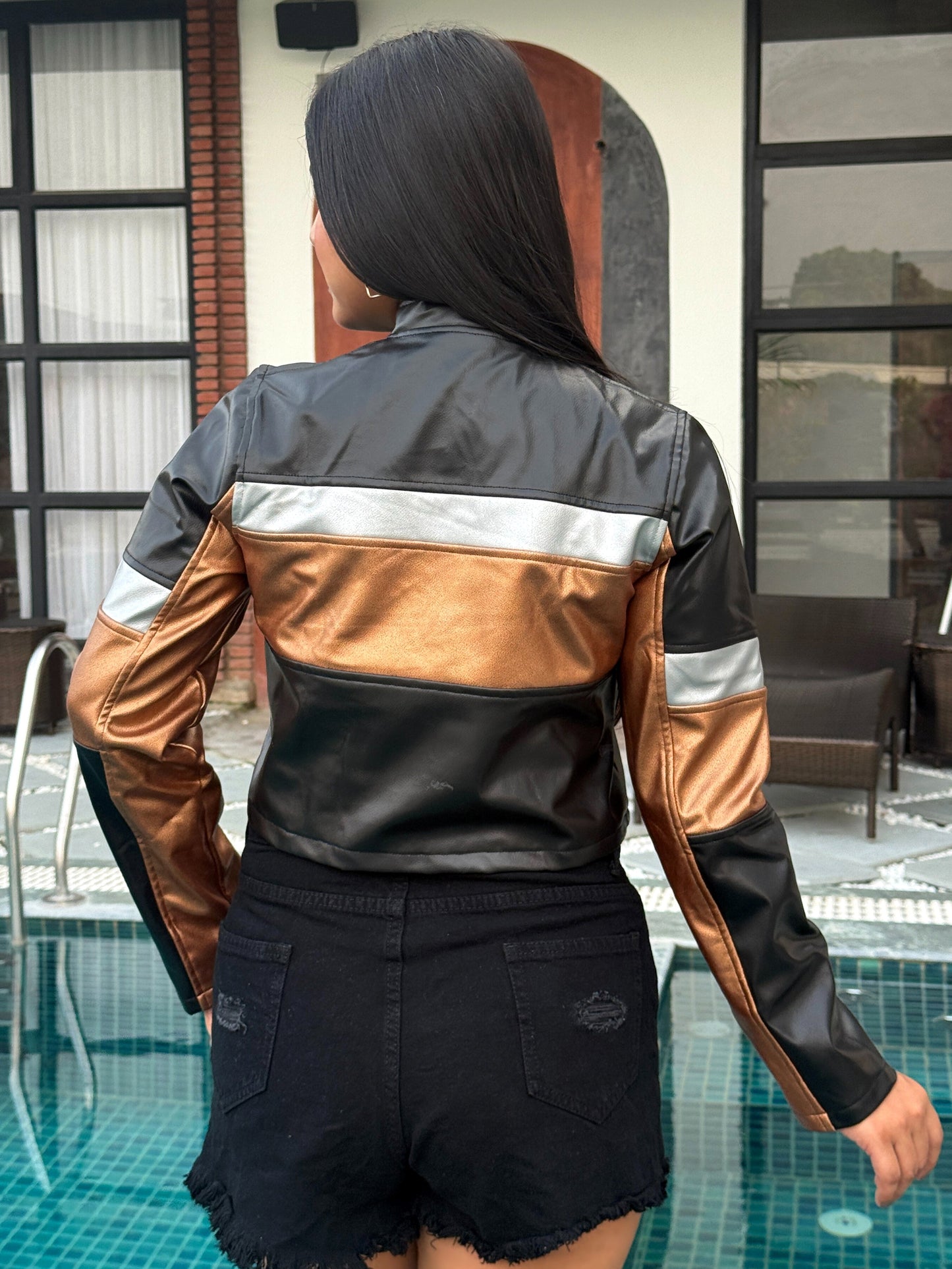 TANDUL Women Stunning Black and Gold Leather Jacket