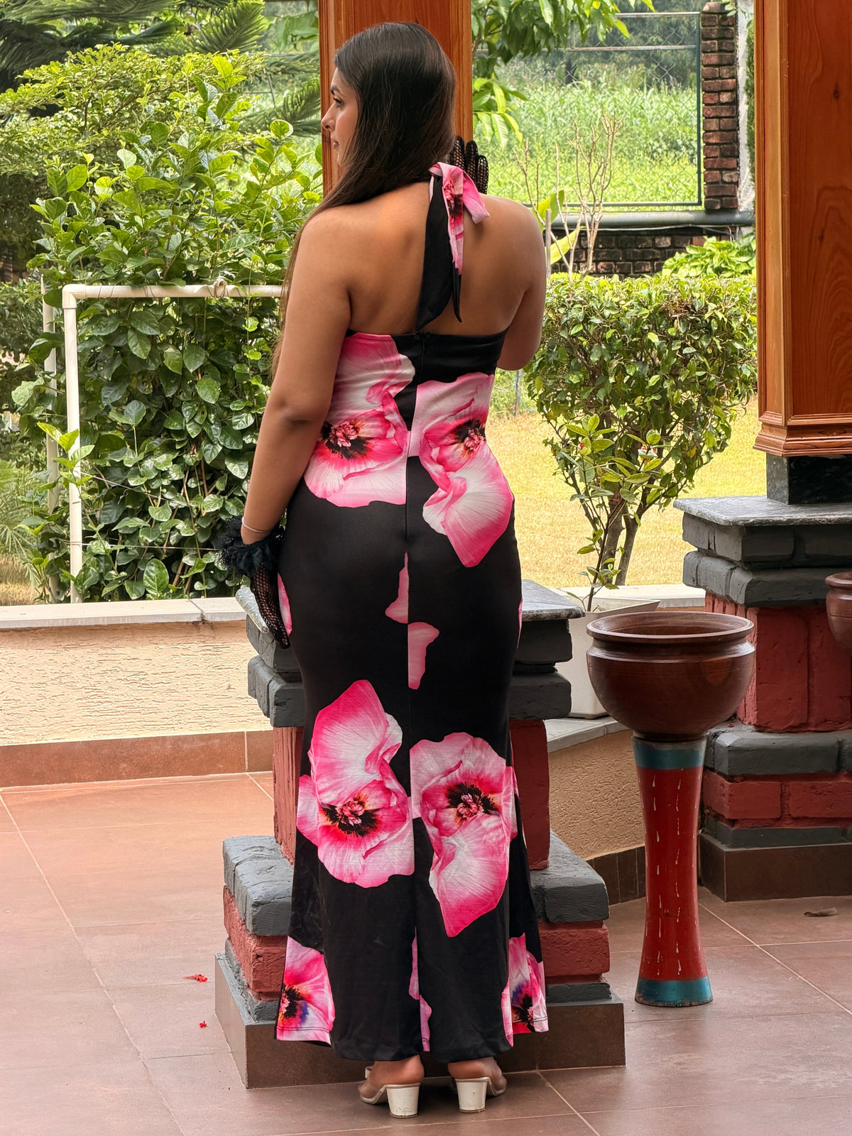 TANDUL Women Retro Pink Hibiscus Floral Halter Maxi Dress