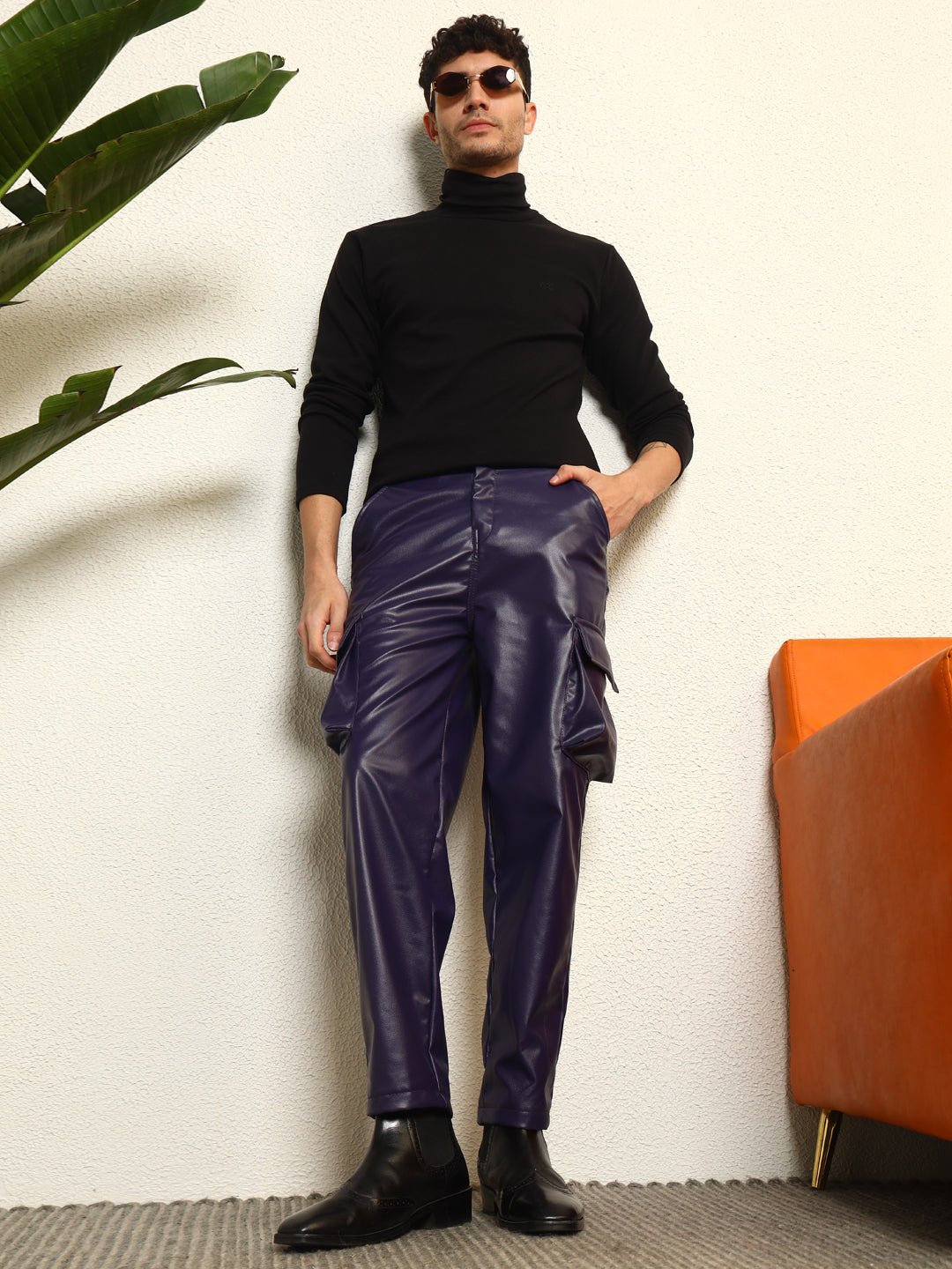 TANDUL Mens's Sleek Blue Leather Trouser