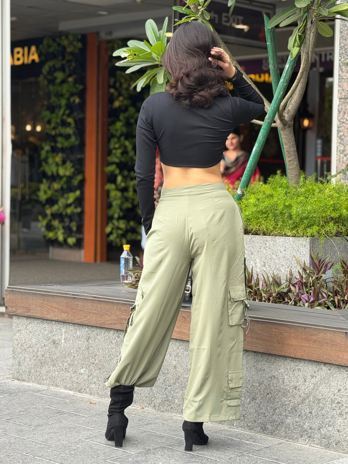 TANDUL Women Sage Green Ultra-Wide Leg Cargo Trousers