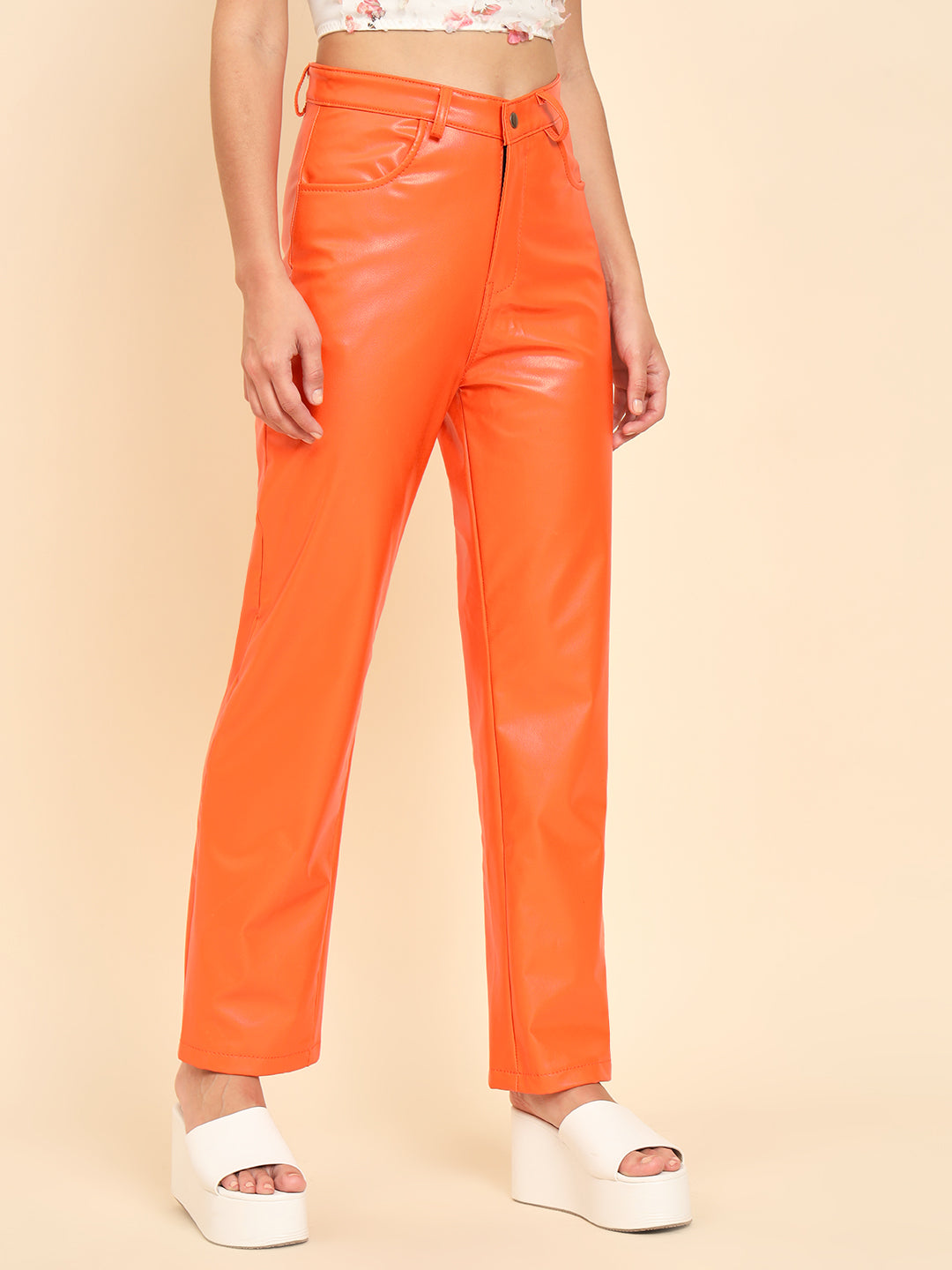 TANDUL Women Regular Fit Orange Faux Leather Trousers