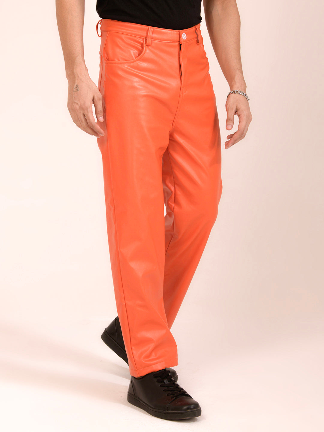 TANDUL  Men Regular Fit Orange Faux Leather Trousers