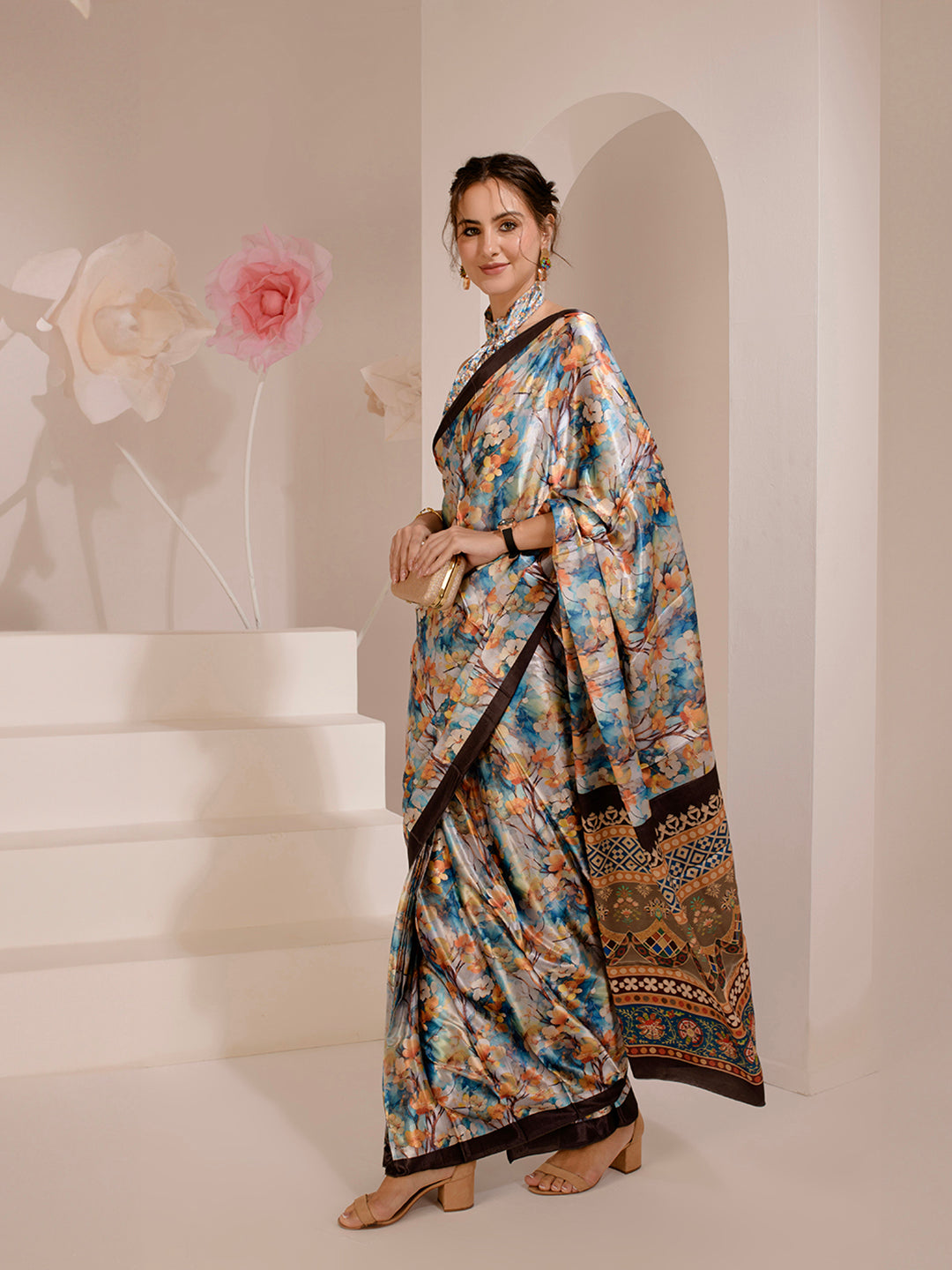 ELTIRE Floral Print Bollywood Satin Saree (Multicolor)