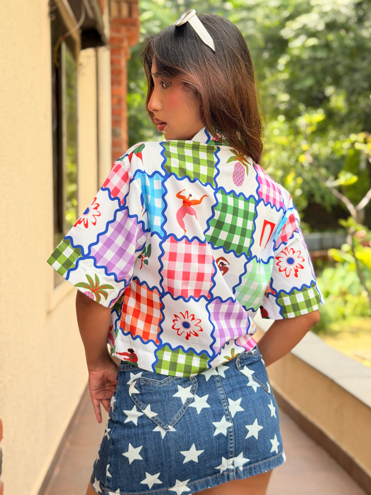 TANDUL Women Retro Colorful Gingham Patchwork Cropped Shirt