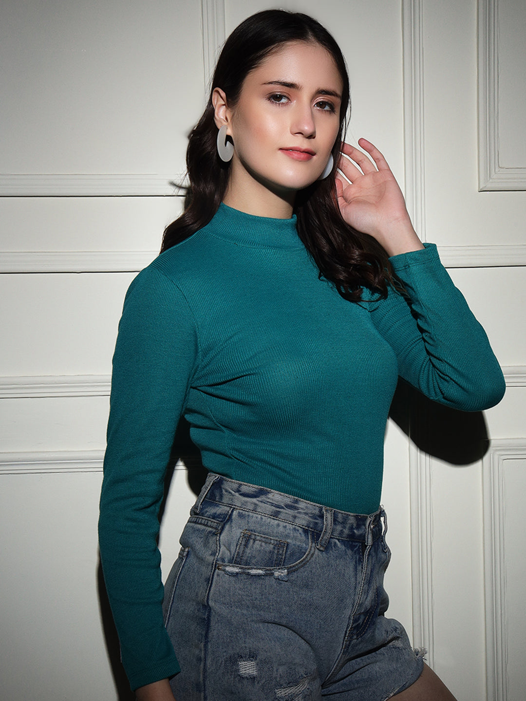 TANDUL  Women Solid High Neck Dark Green Sweater