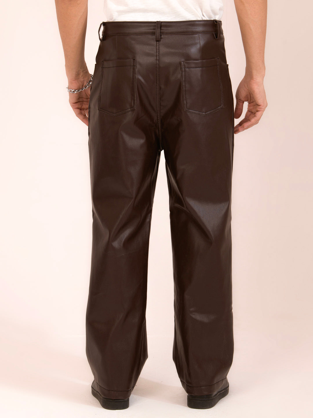 TANDUL  Men Regular Fit Brown Faux Leather Trousers