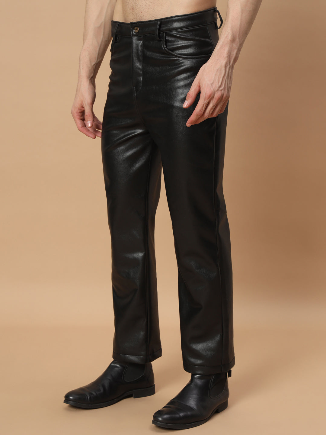 TANDUL  Men Regular Fit Black Faux Leather Trousers