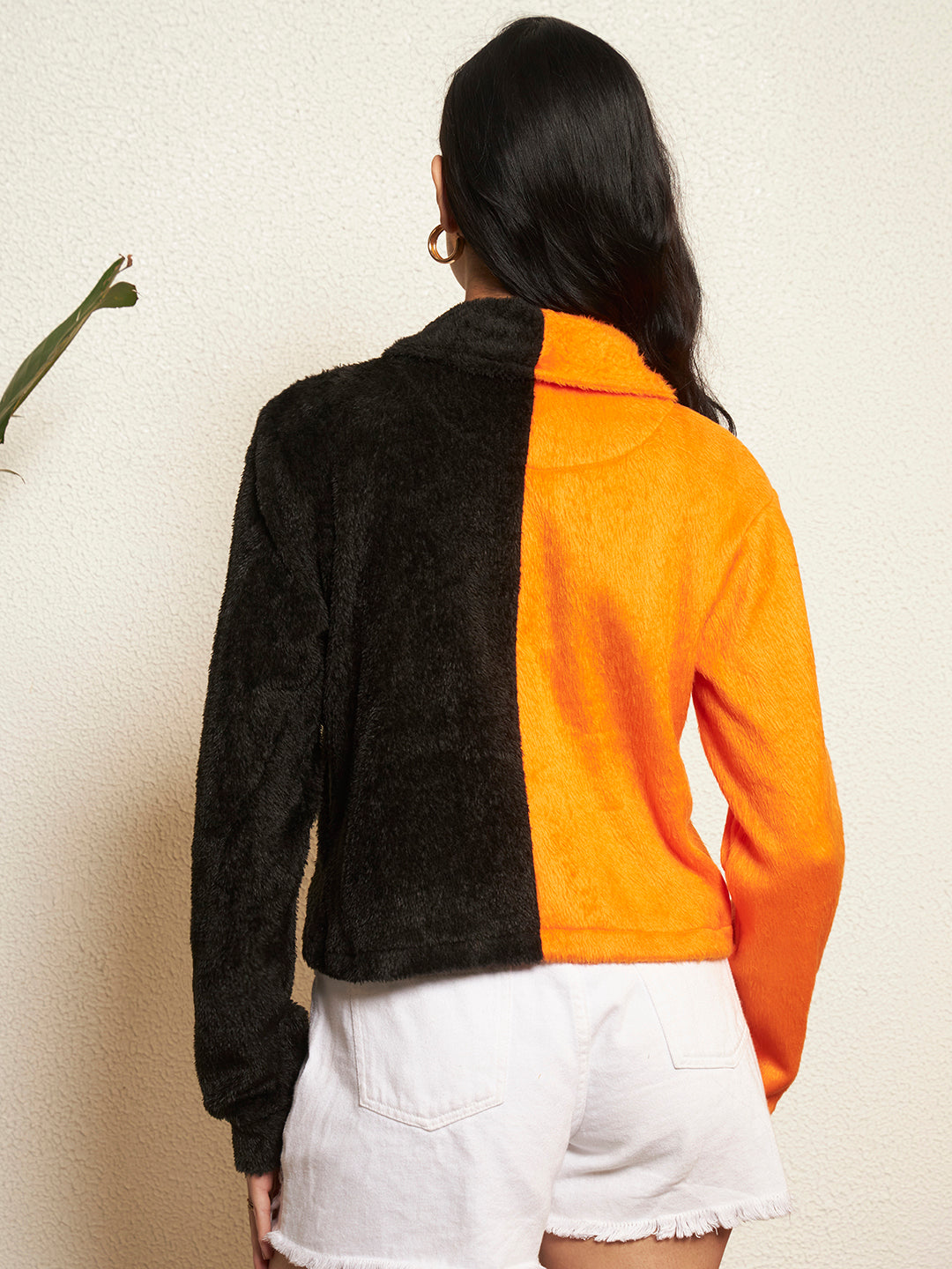 TANDUL Women Striking Orange and Black Fur Jacket