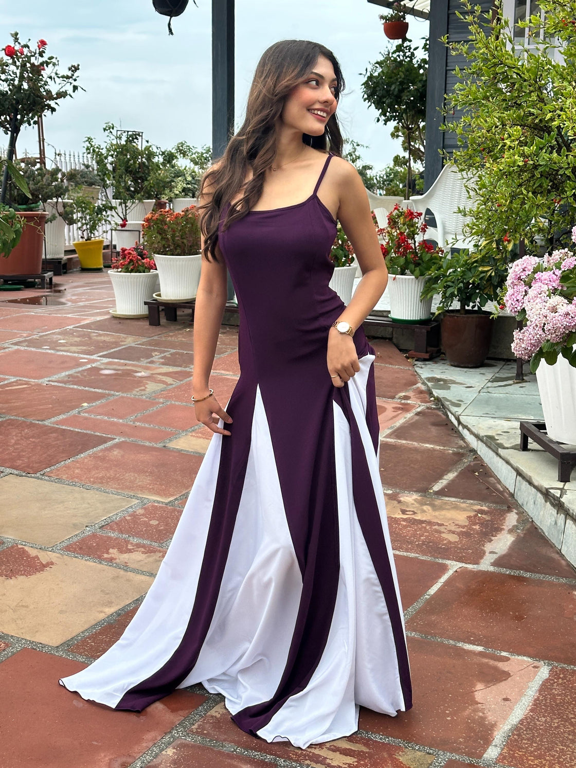 TANDUL Women Purple and White Long Flared Dress