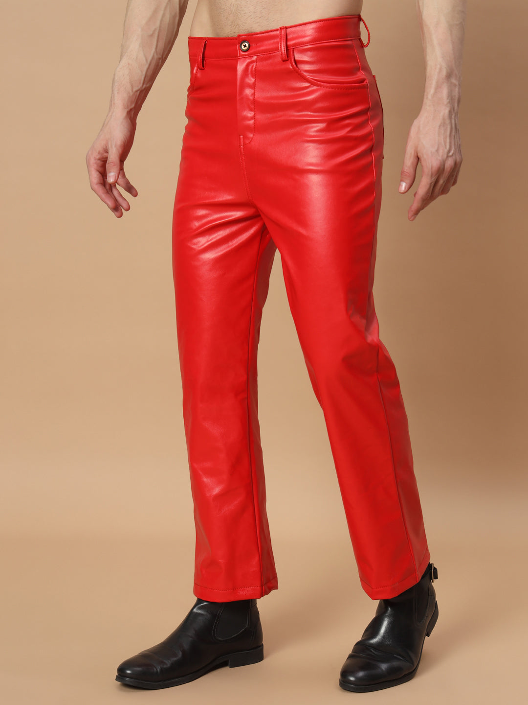 TANDUL  Men Regular Fit Red Faux Leather Trousers