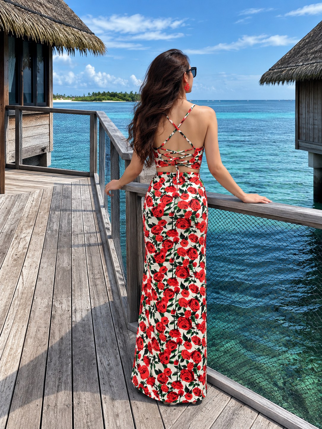 TANDUL Womekn Red Rose Print Crop Top & Ruched High-Slit Maxi Skirt Set