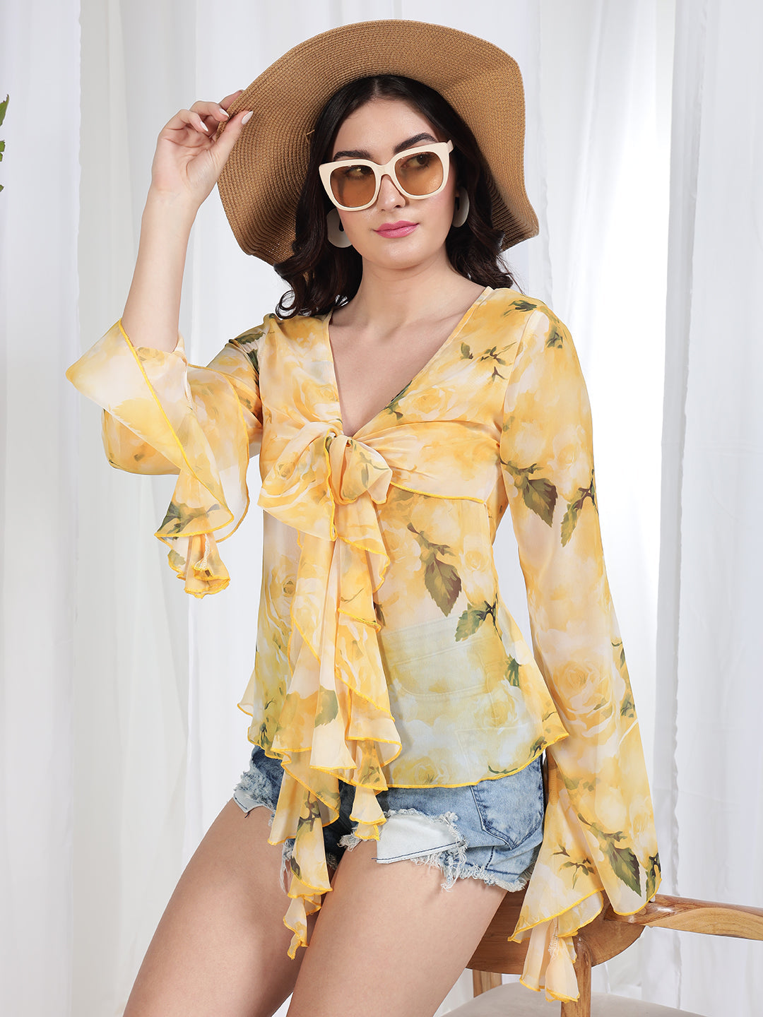 TANDUL Yellow Printed Georgette Top