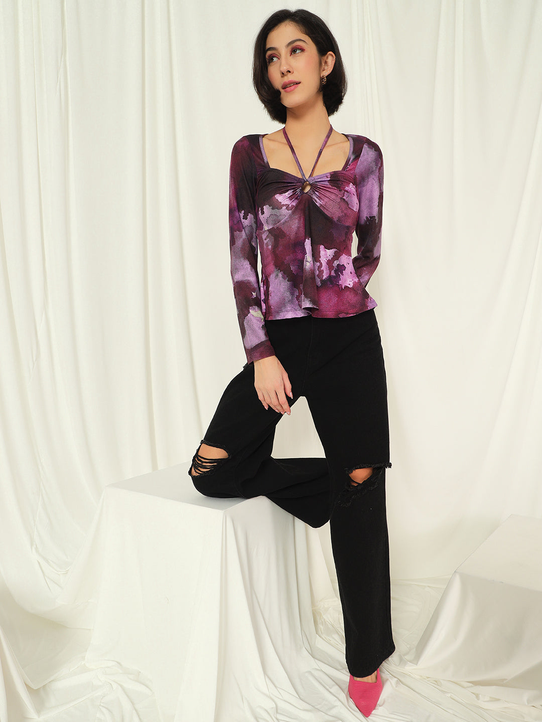 TANDUL  Casual Regular Sleeves Tie & Dye Women Purple Top