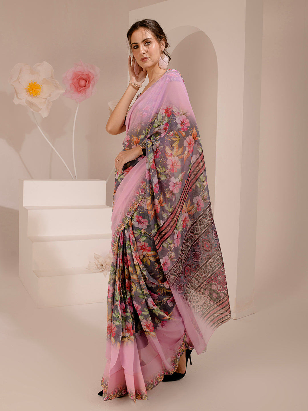 ELTIRE Exquisite Printed Bollywood Style Georgette Saree