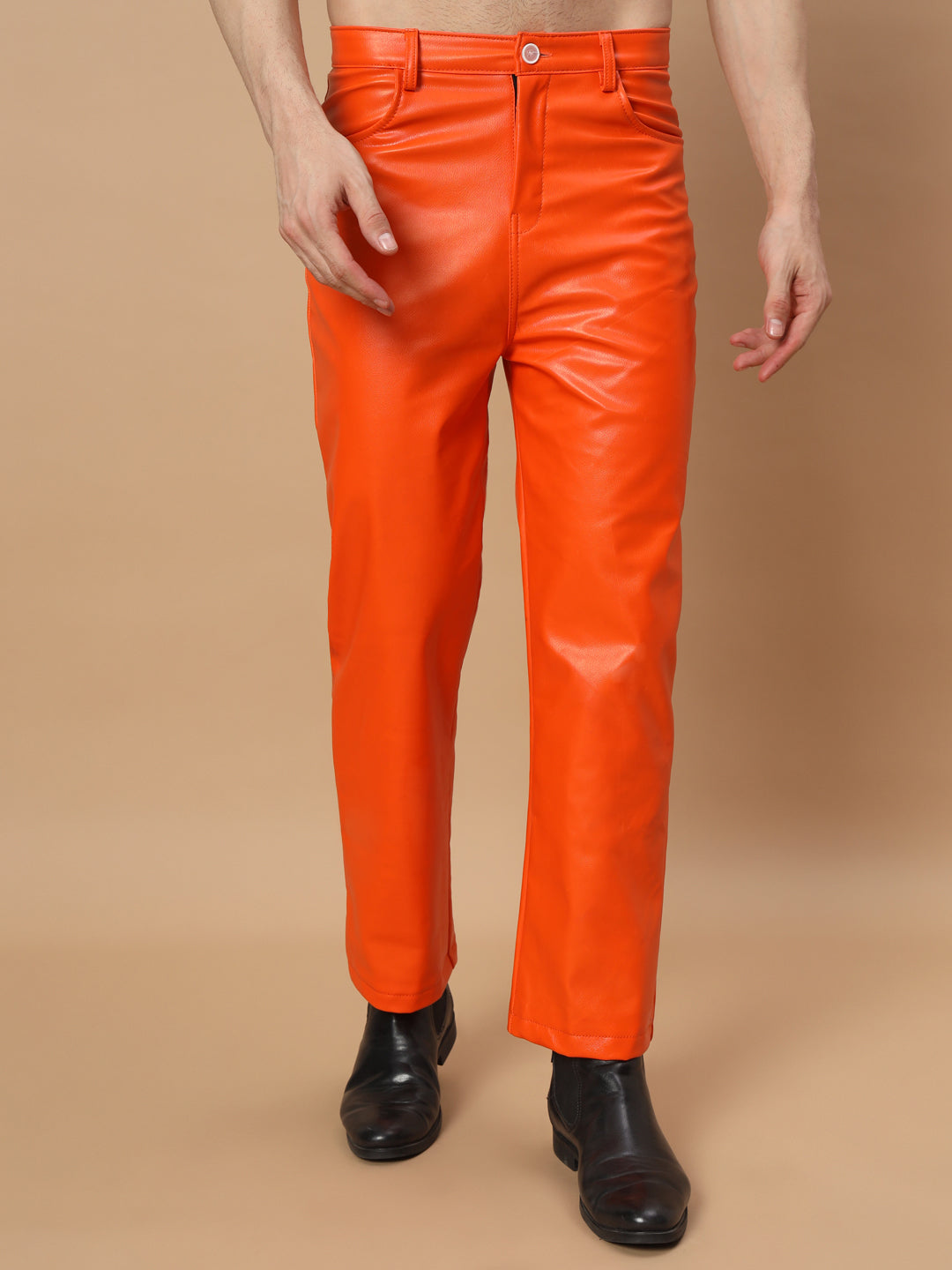 TANDUL  Men Regular Fit Orange Faux Leather Trousers