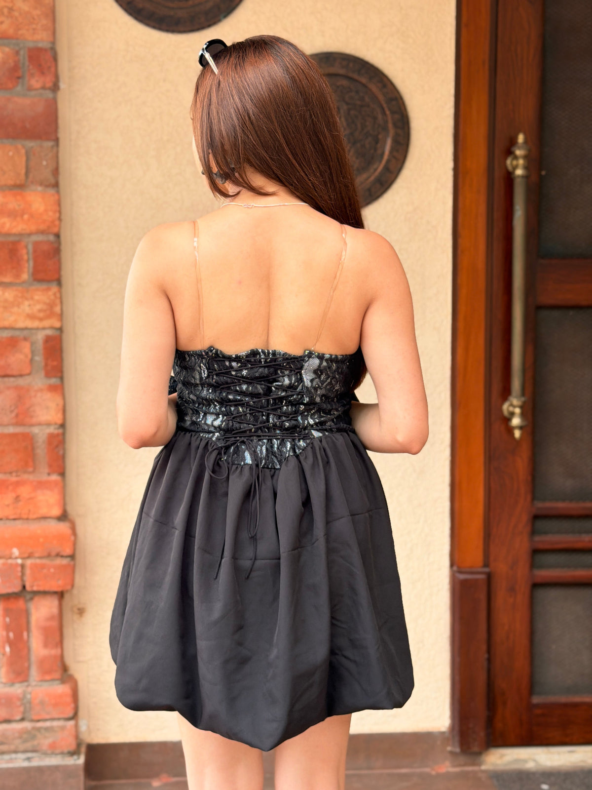TANDUL Women's Strapless Sweetheart Lace Bodice Bubble Hem Mini Dress