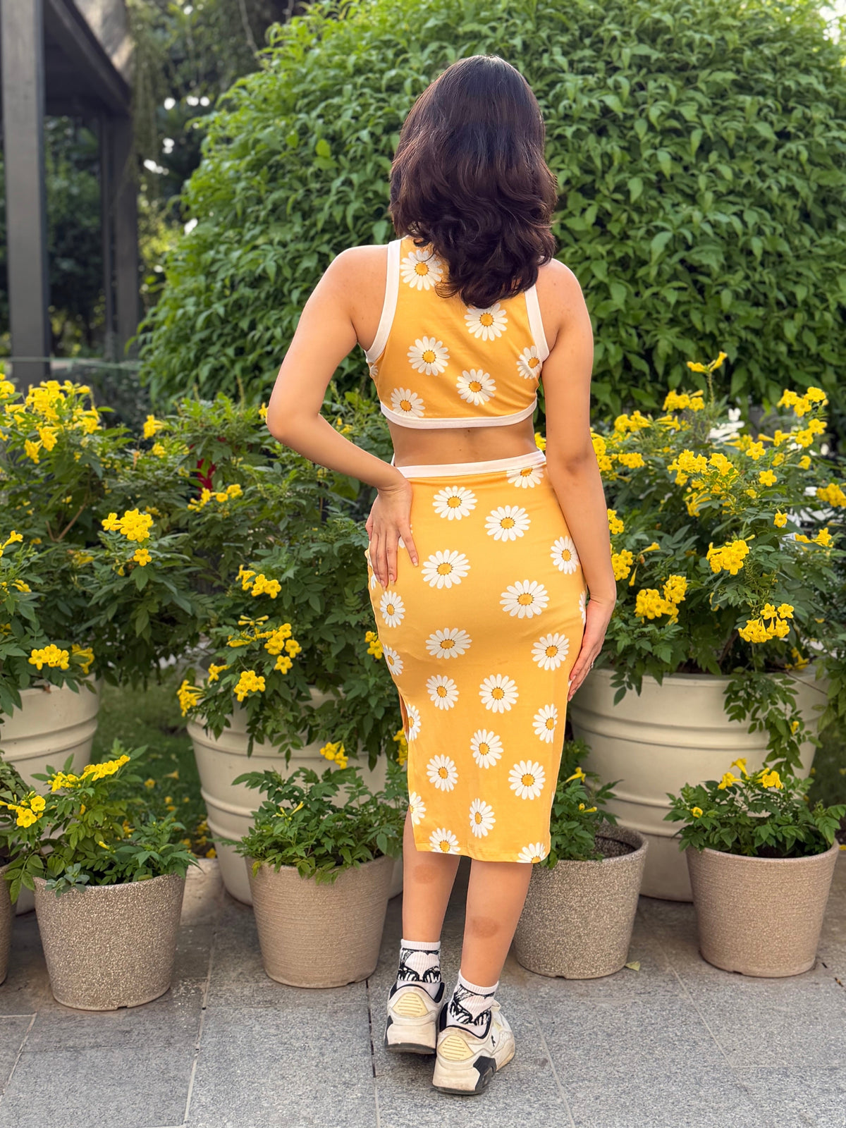 TANDUL Women Retro Daisy Print Side-Cutout Bodycon Dress