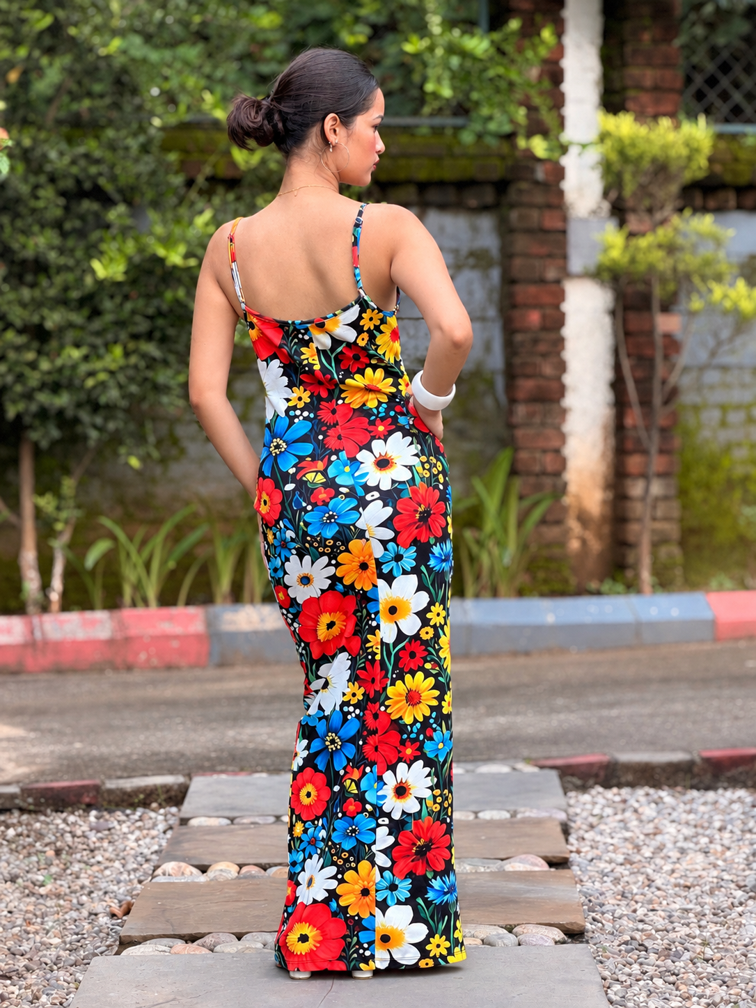 TANDUL Women Retro Multicolor Daisy Print Maxi Dress