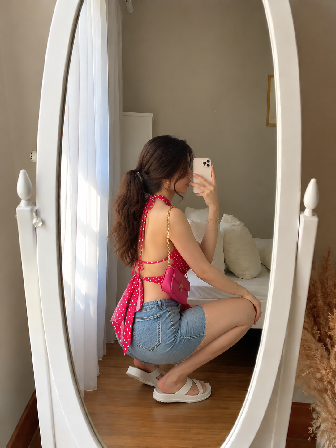 TANDUL Women Hot Pink Polka Dot Butterfly Crop Top