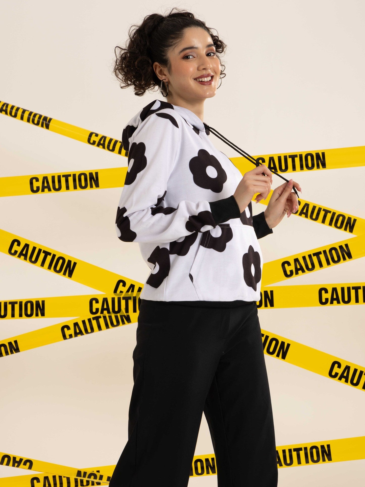 TANDUL Women Black and White Floral Hoodie