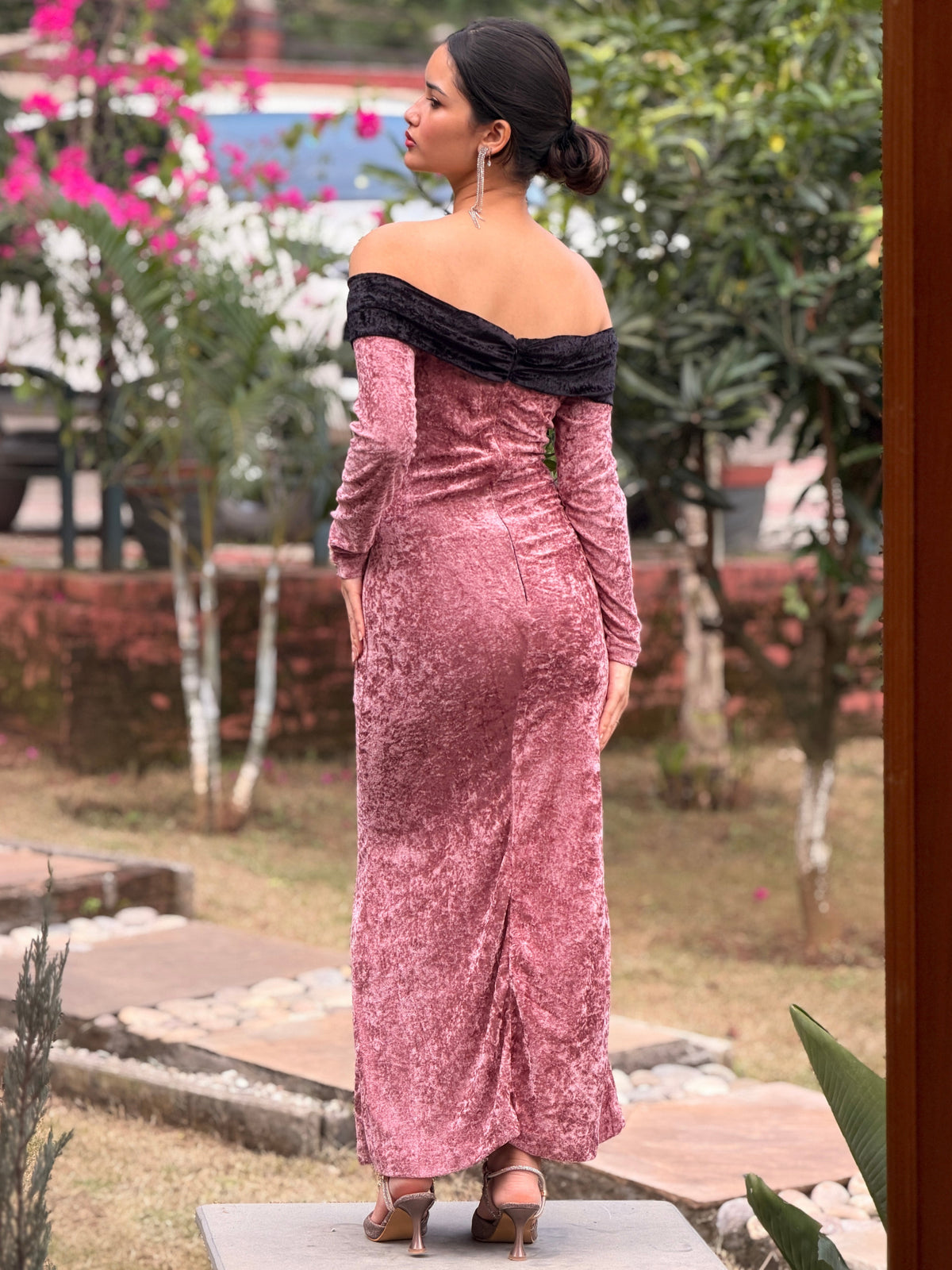 TANDUL Women Rose Gold Velvet Off-Shoulder Maxi Dress