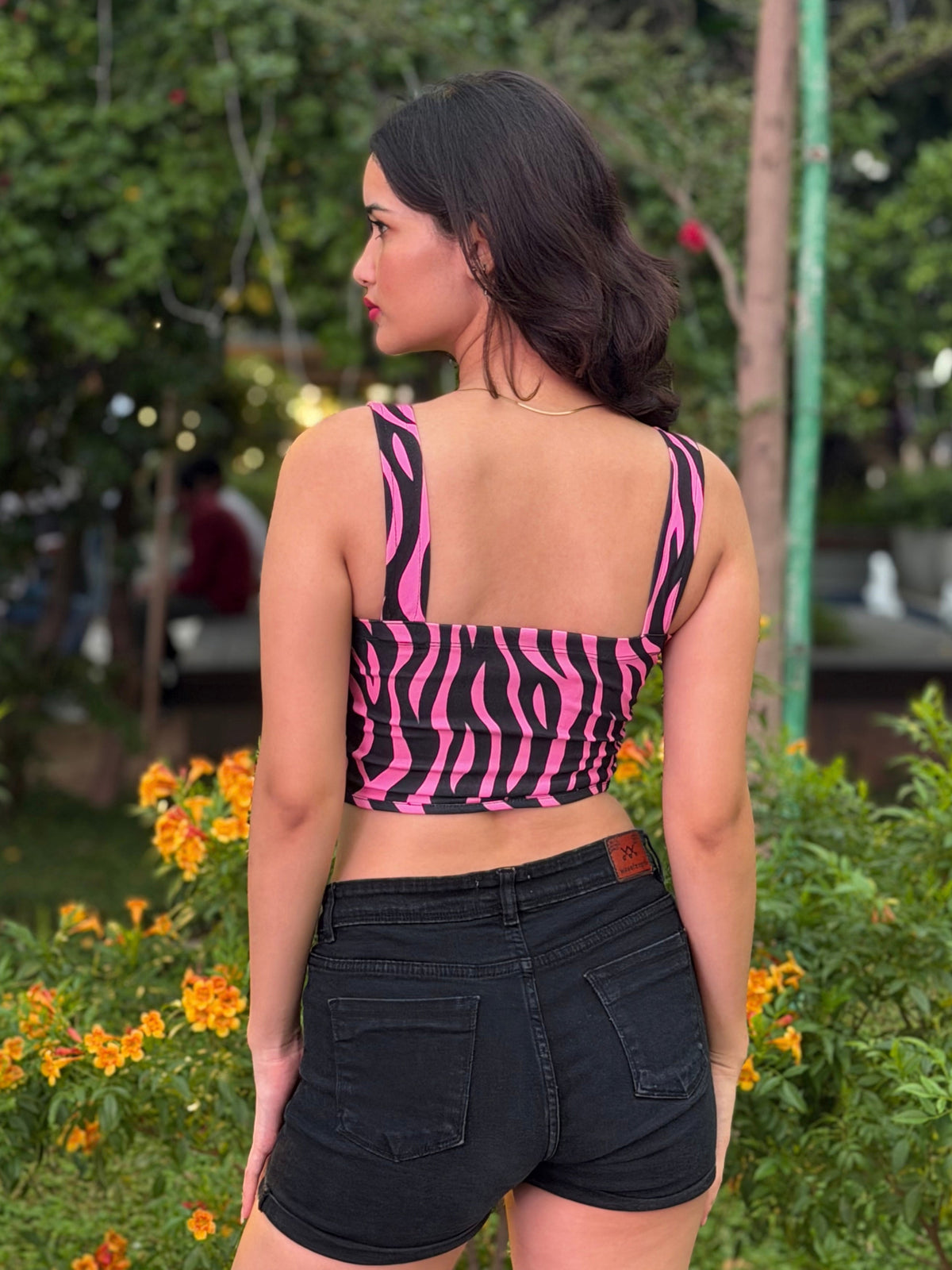 TANDUL Women Pink Zebra Lace-Up Crop Top