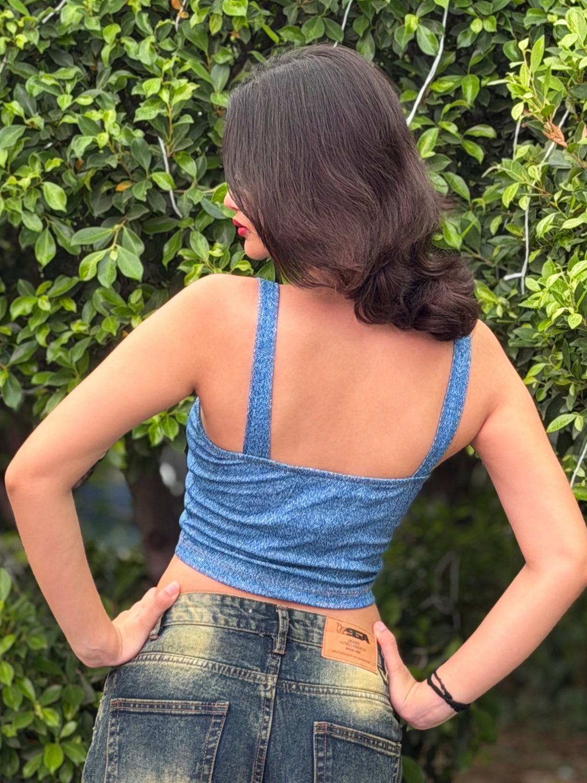 TANDUL Women Denim-Printed Front Detailed Crop Top