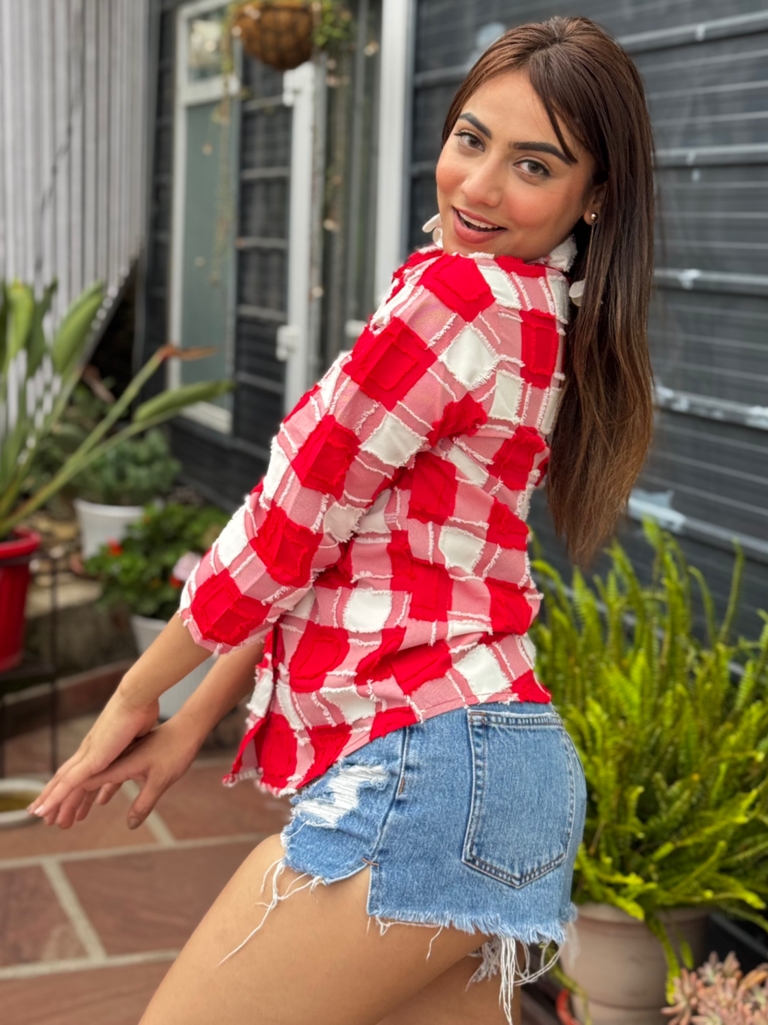 TANDUL Women Red and white Plaid Shirt