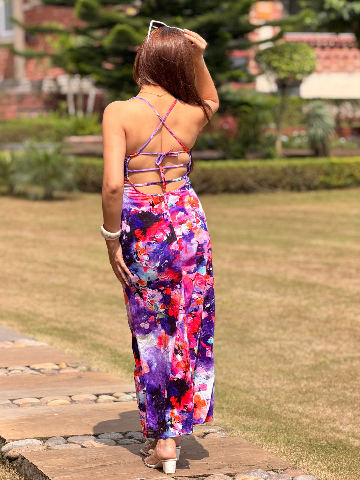 TANDUL Women Stunning Floral Backless Velvet Printed Dress