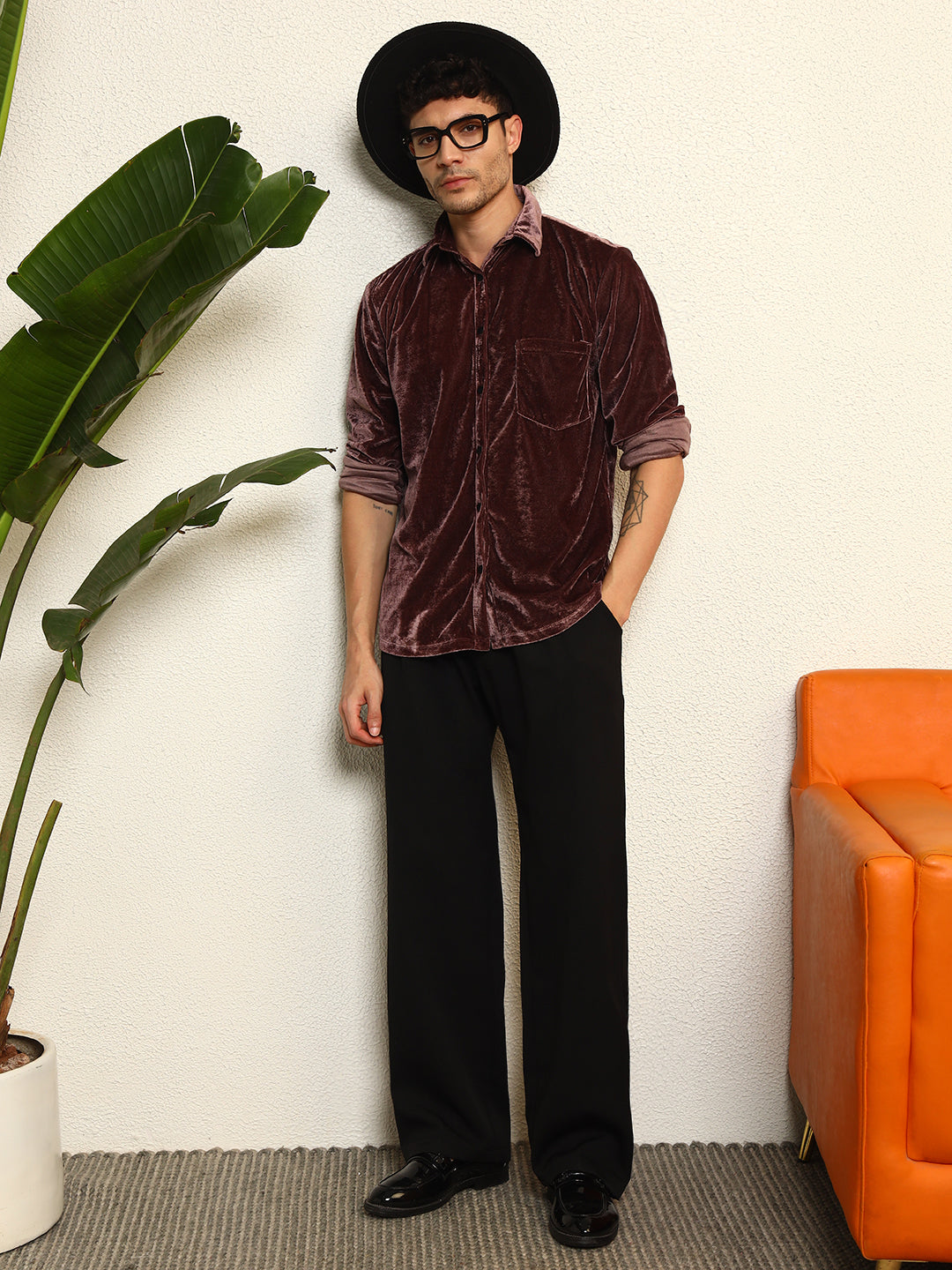 TANDUL Mens's Alluring Purple Velvet Shirt