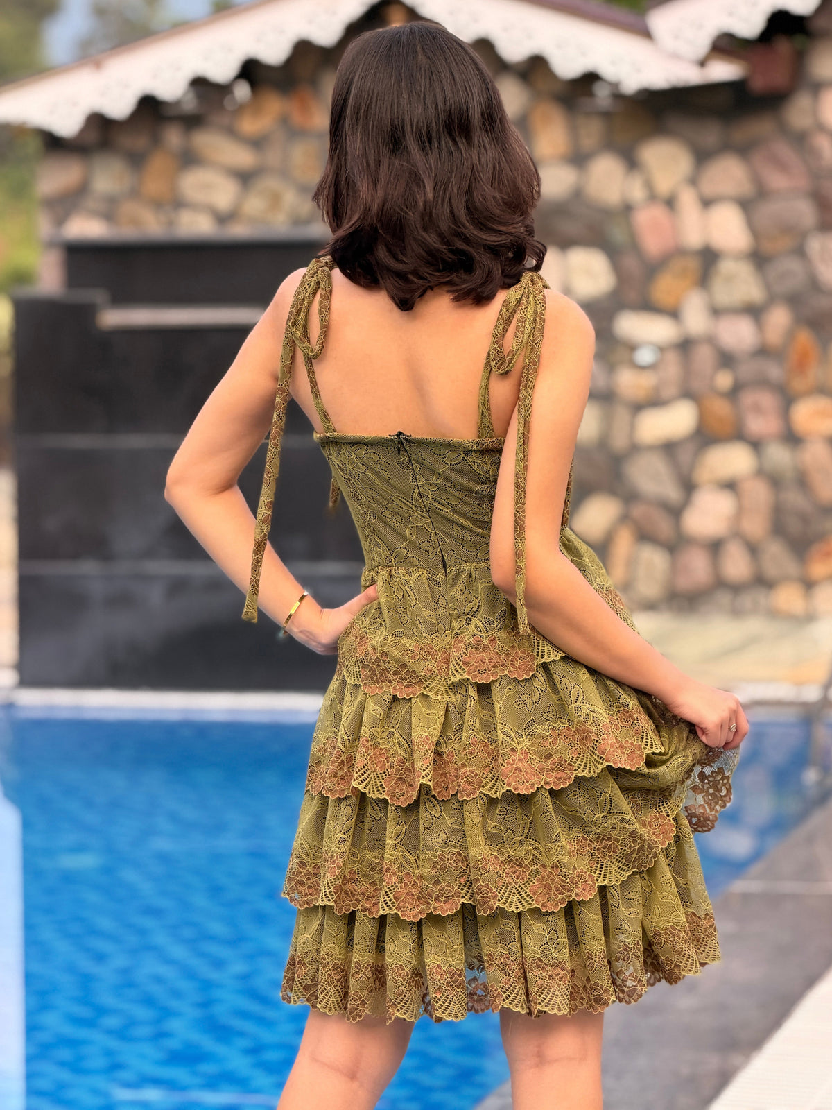 TANDUL Women Fairycore Olive Green Lace Mini Dress