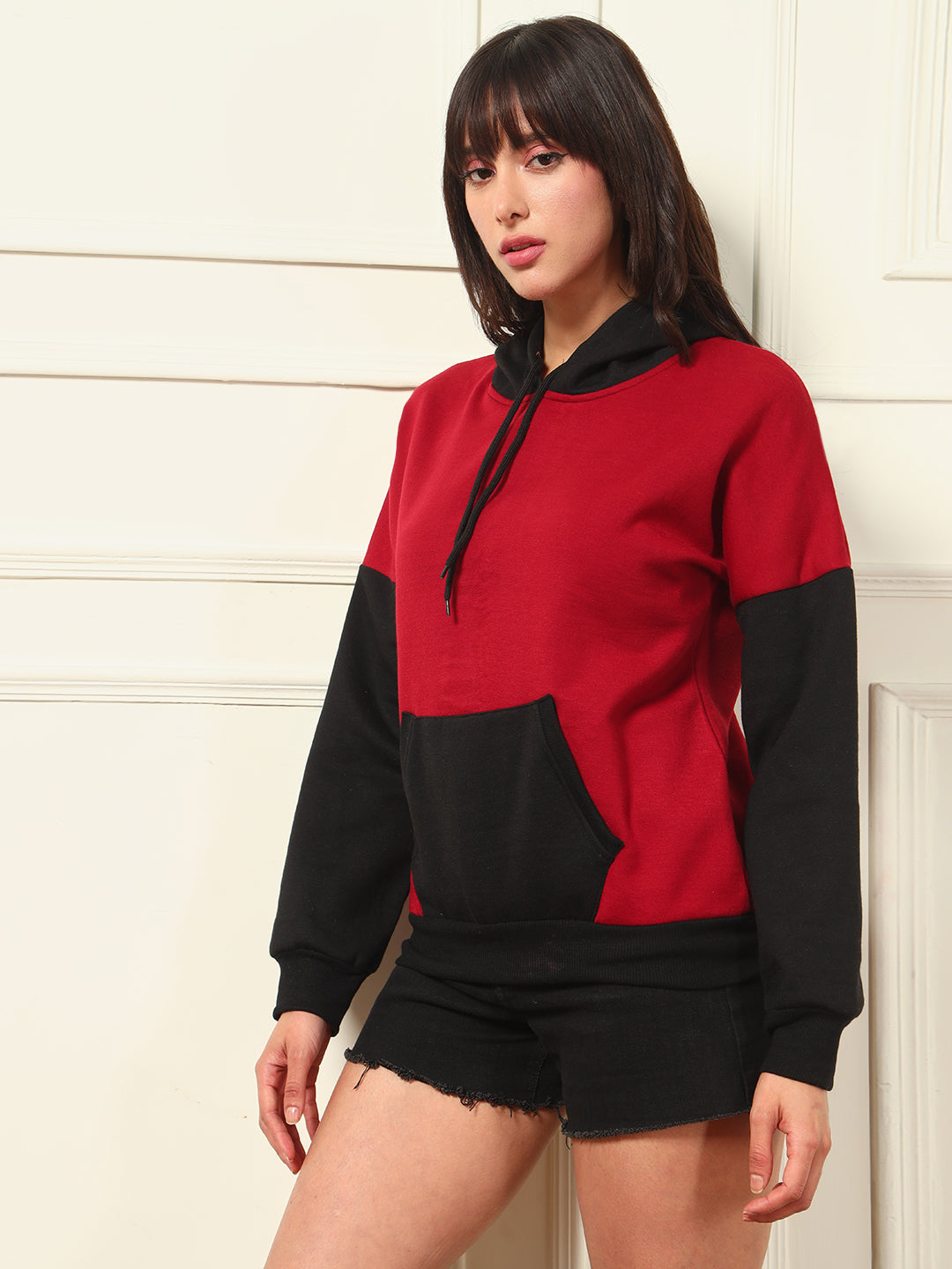 TANDUL Women Stylish Maroon and Black Hoodie