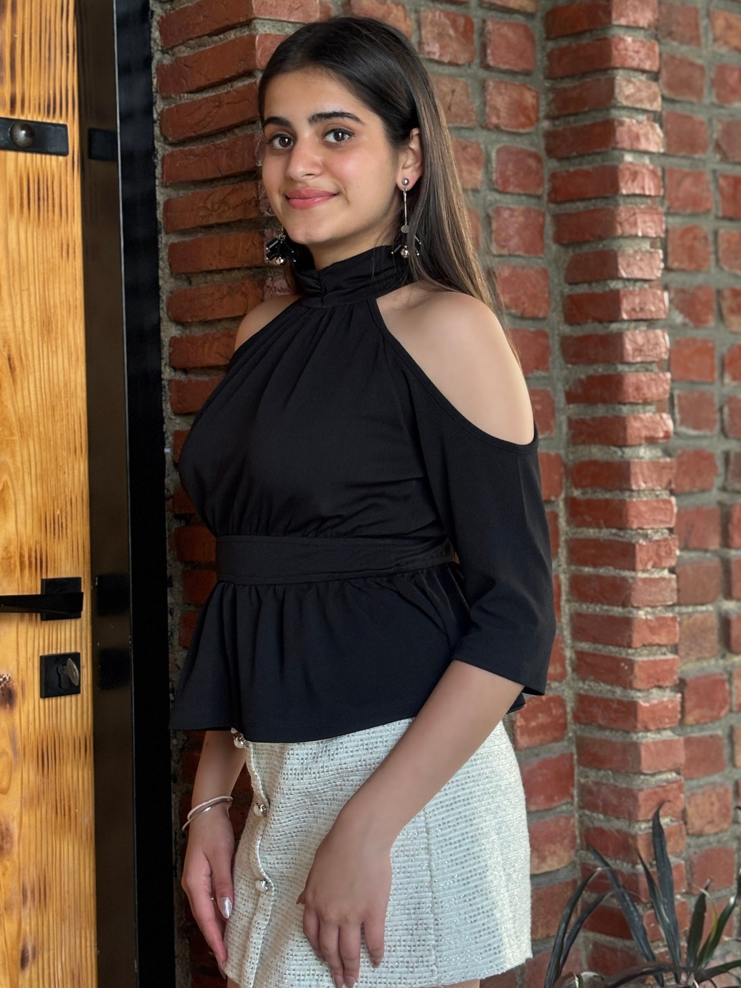 TANDUL Women Black Cold Shoulder Top