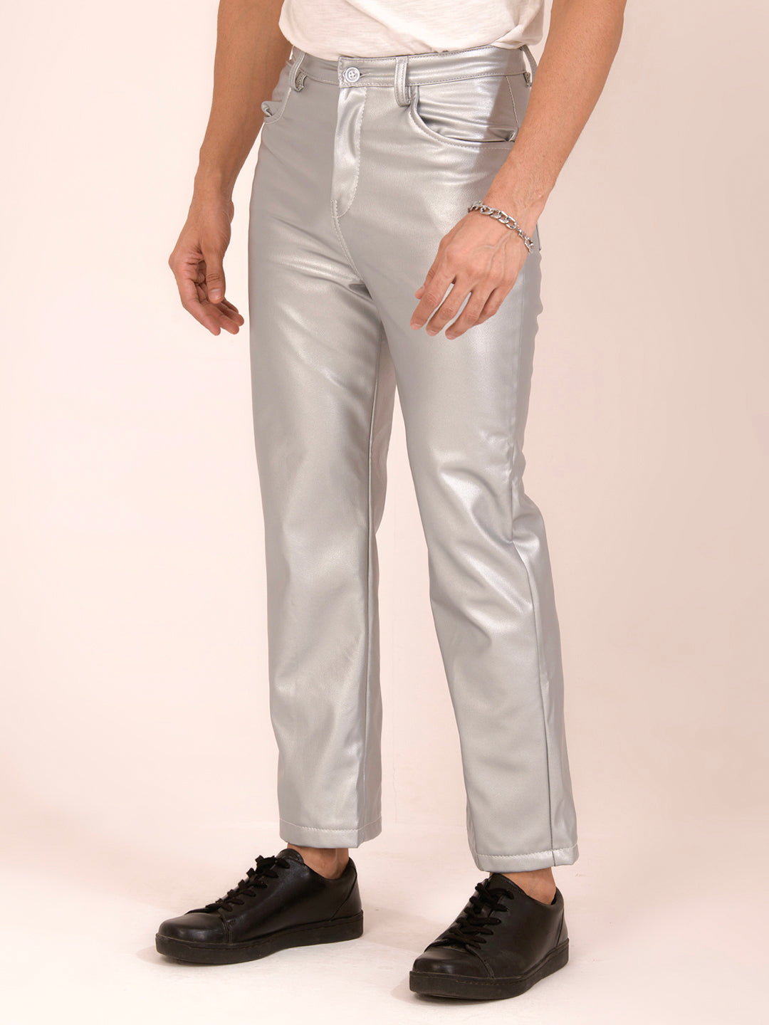 TANDUL  Men Regular Fit Silver Faux Leather Trousers