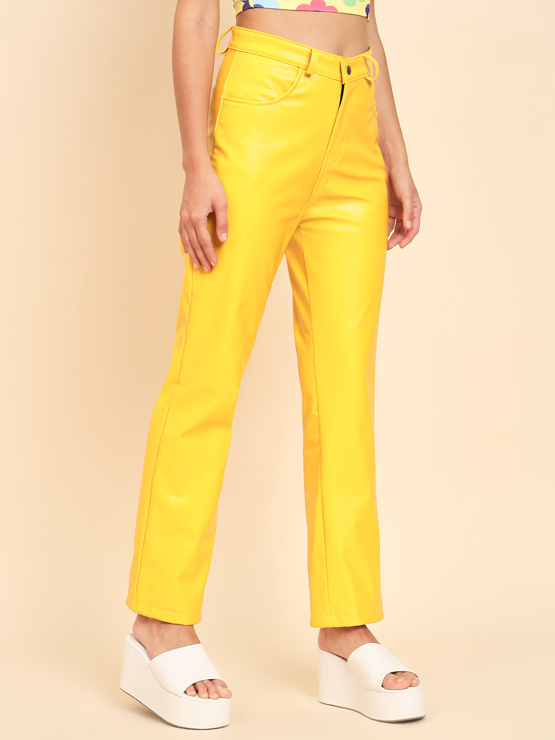 TANDUL Women Regular Fit Yellow Faux Leather Trousers