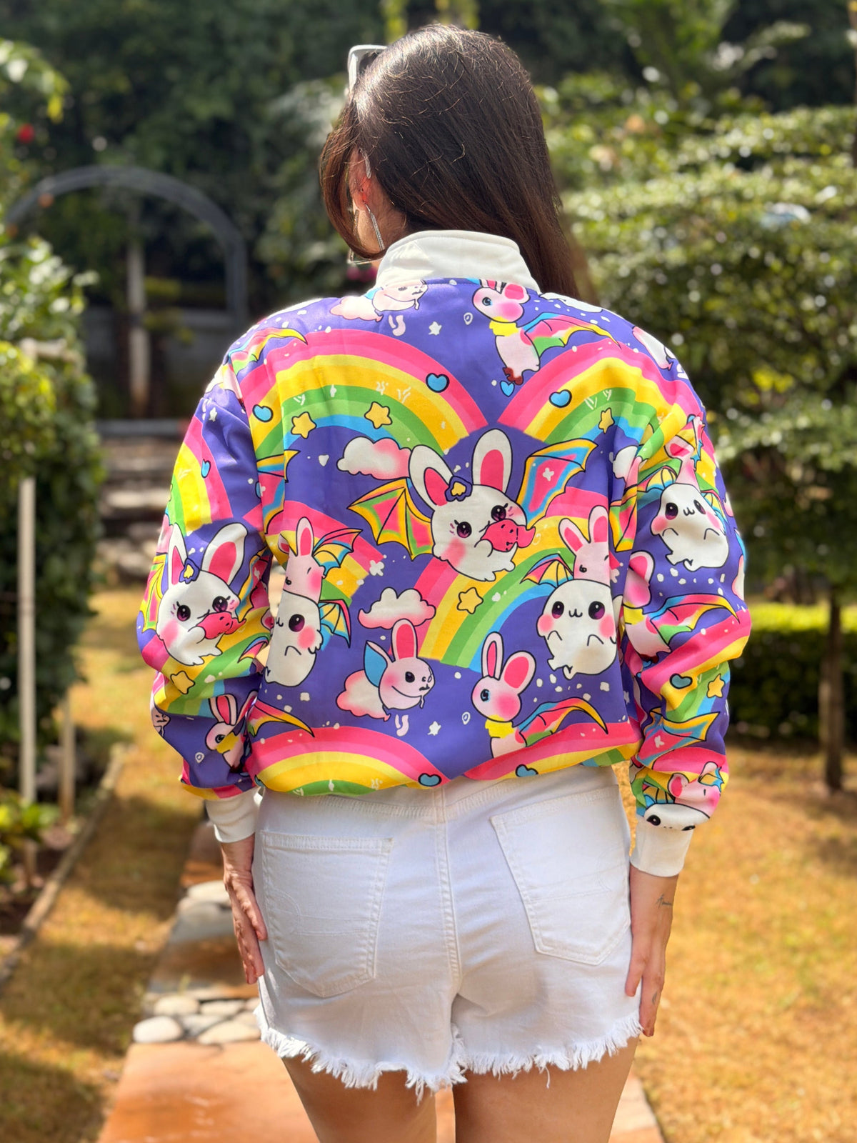 TANDUL Women’s Colorful Rainbow & Bat-Bunny Printed Cropped Sweatshirt
