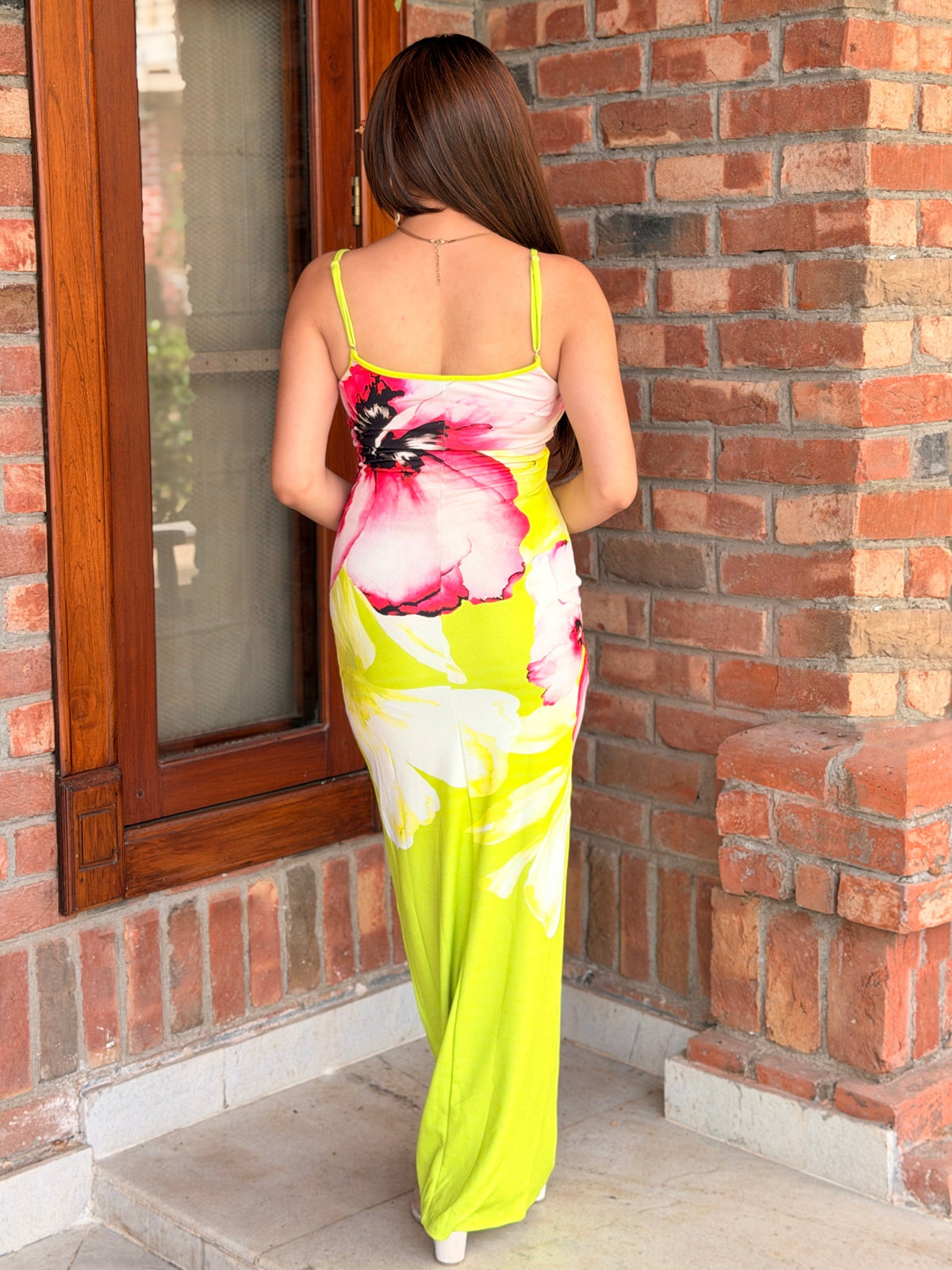 TANDUL Women Neon Green Orchid Floral Print Maxi Dress