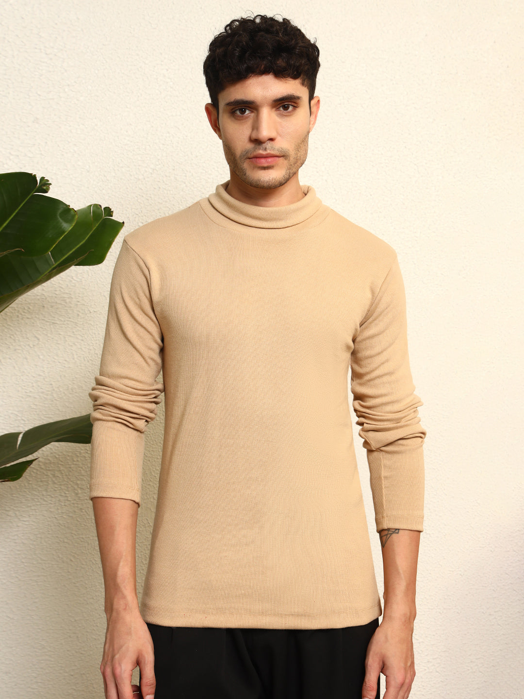 TANDUL Men Solid Turtle Neck Beige Sweater