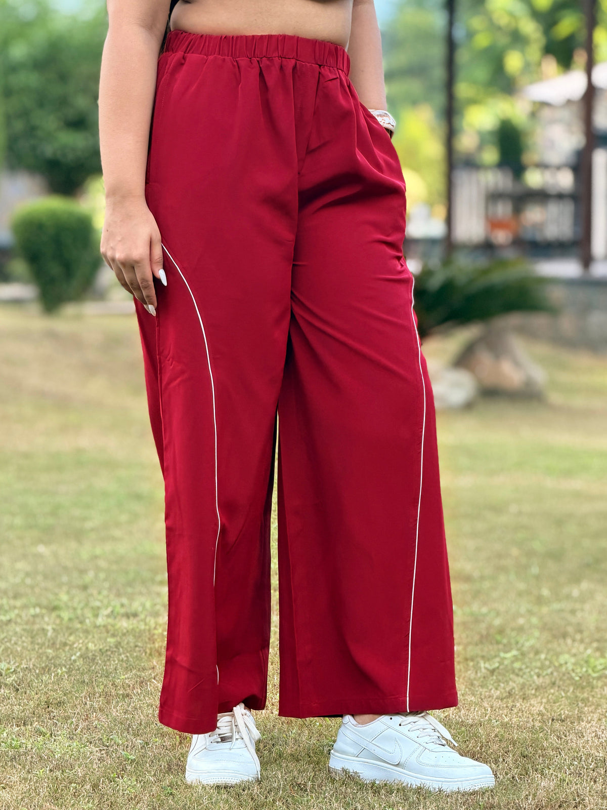 TANDUL Women Maroon Wide-Leg Track Pants with Contrast Piping