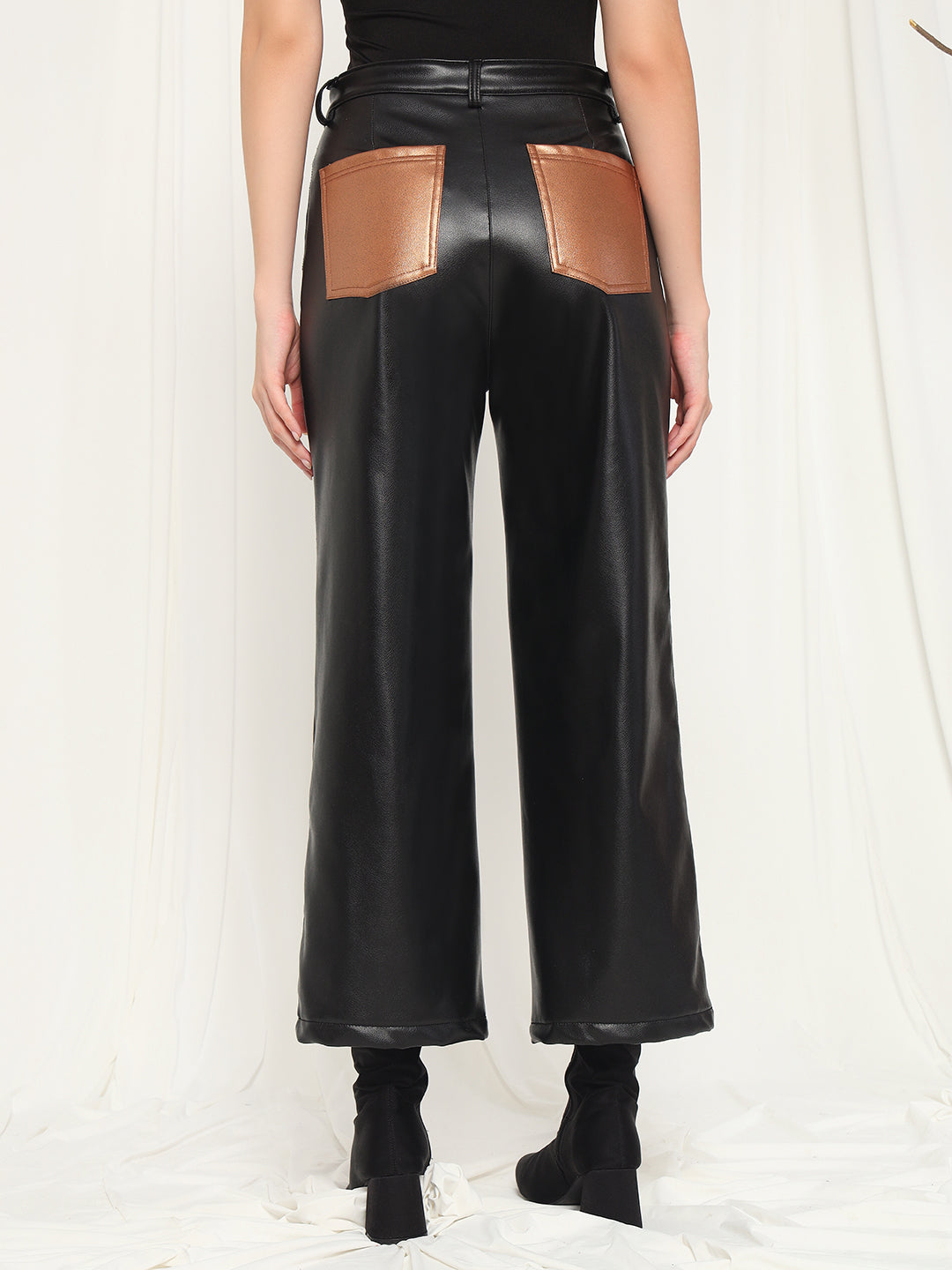 TANDUL  Women Regular Fit Gold Faux Leather Trousers