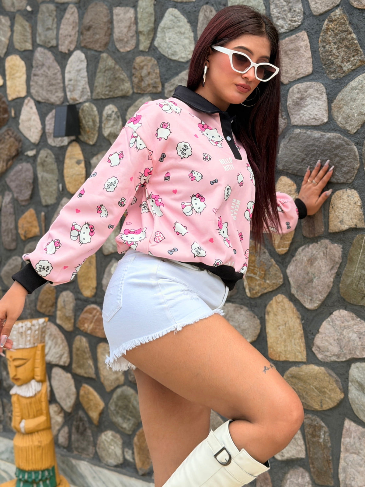 TANDUL Women Pink Hello Kitty Print Polo Sweatshirt