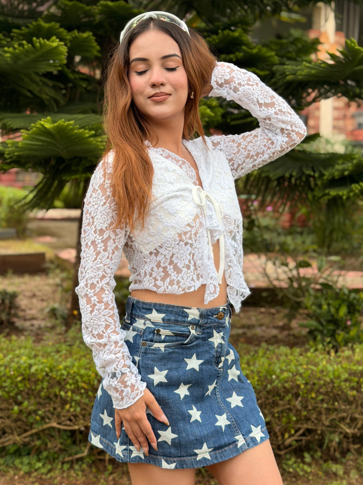 TANDUL Women Coquette White Sheer Lace Cropped Top