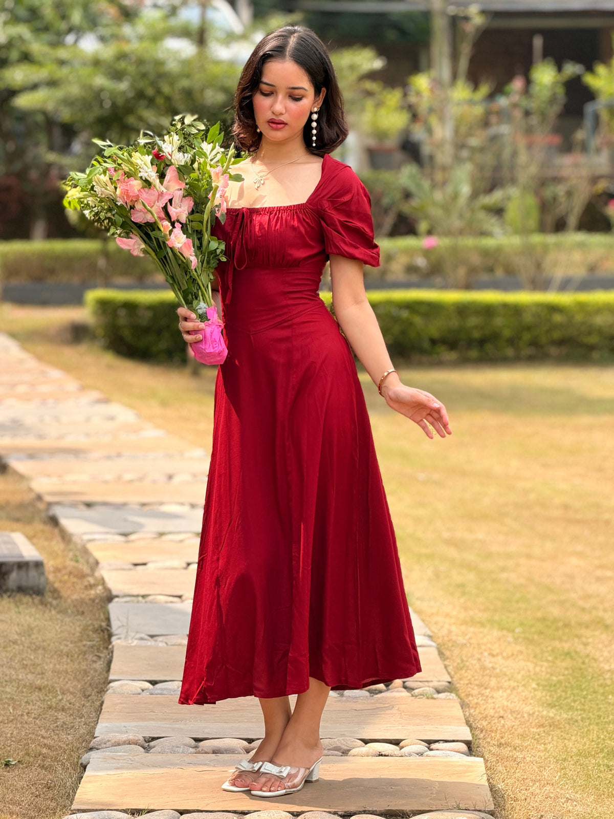 TANDUL Women Maroon Lace-Up Corset Milkmaid Midi Dress