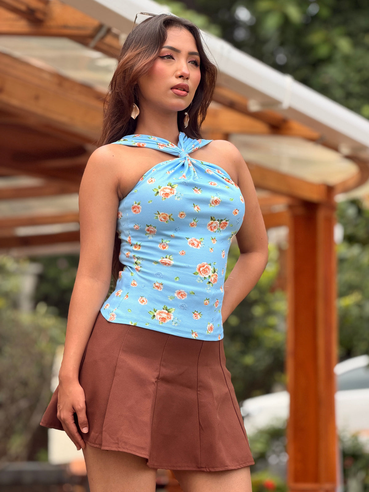 TANDUL Women Light Blue Floral Halter Crop Top