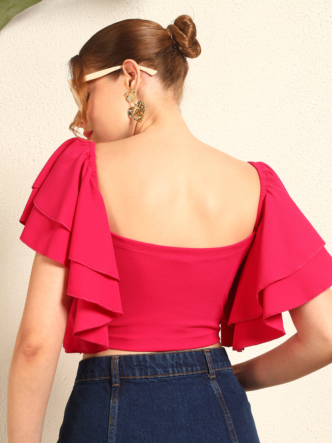 TANDUL Women Fuchsia Pink Top with Ruffled Sleeves