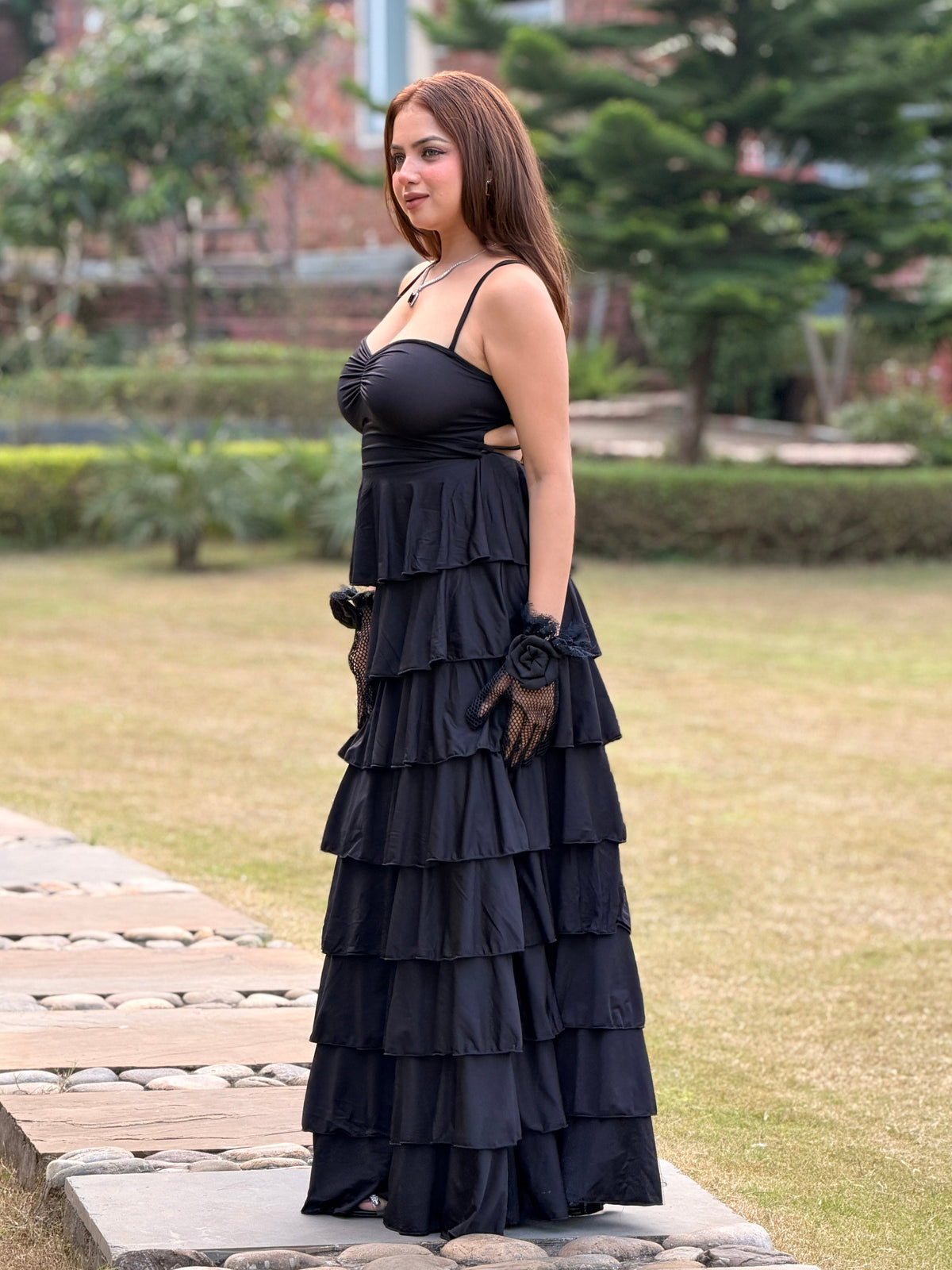 TANDUL Women's Black Tiered Ruffle Maxi Dress