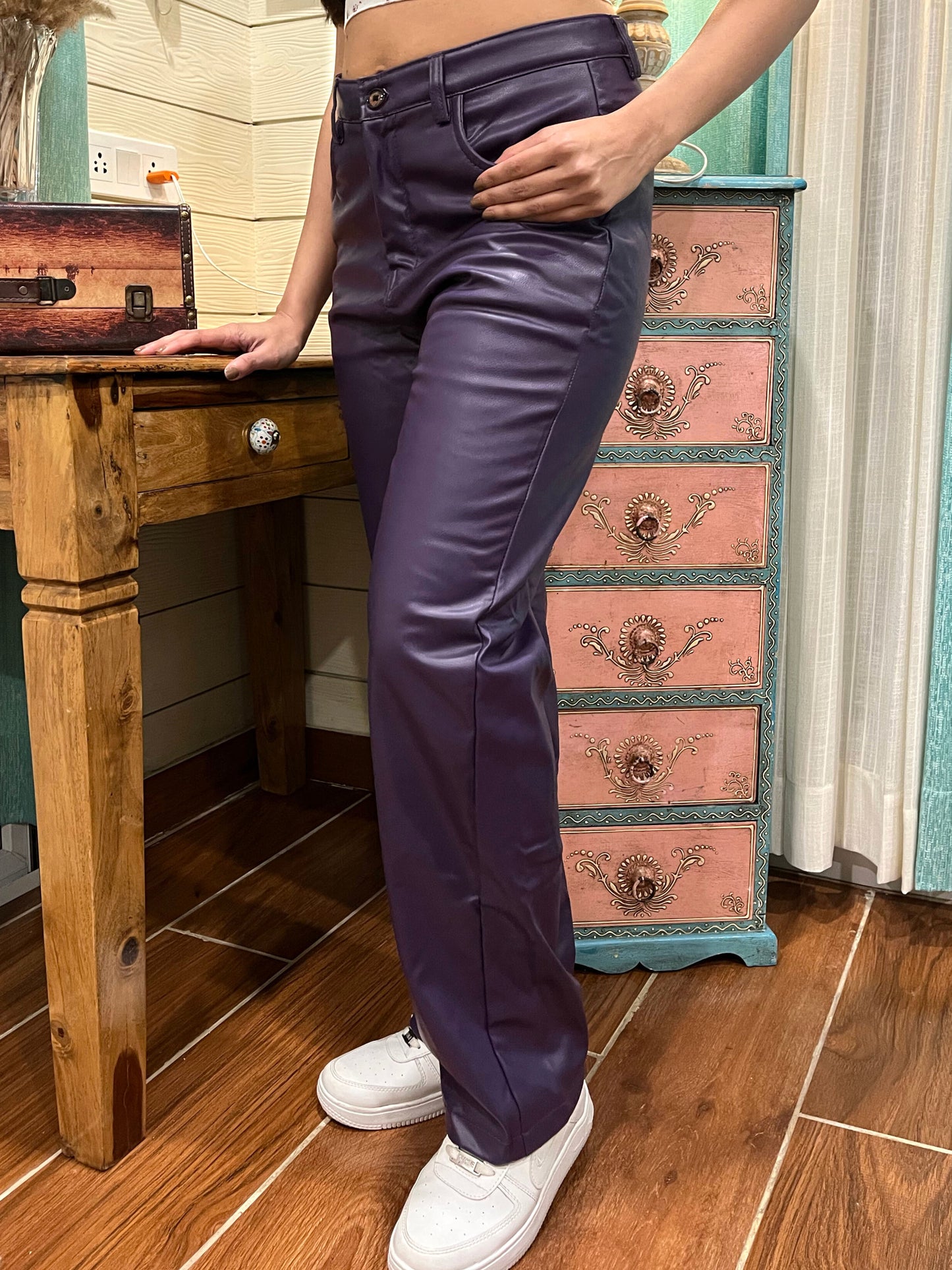 TANDUL Women Regular Fit Blue Faux Leather Trousers