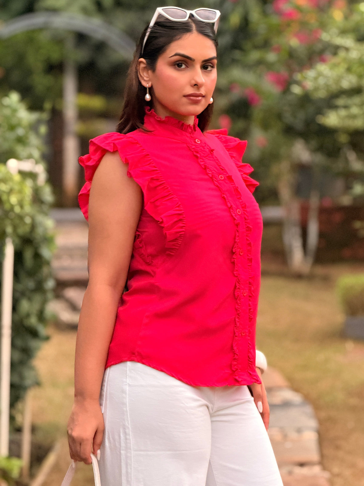TANDUL Women Fuchsia Romantic Ruffle-Sleeve Shirt