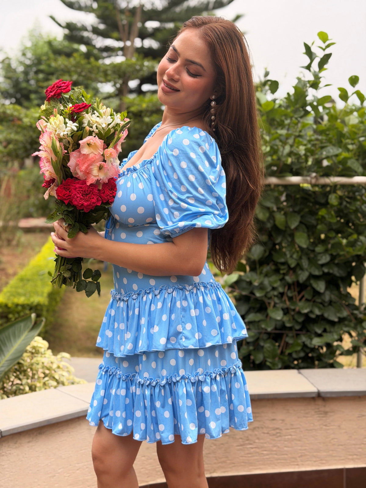 TANDUL Women Sky Blue Retro Polka Dot Milkmaid Tiered Dress